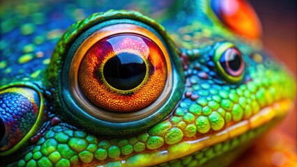 Vibrant macro photograph of a colorful frog's textured eye, frog, amphibian, eye, close-up, macro, colorful, vibrant