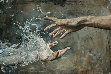 artistic depiction of two hands touching in water, symbolizing connection and tenderness in a serene