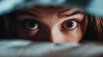 Canvas Print - A woman peeking out from behind a sheet with her eyes open, AI