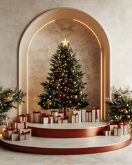 Wall Mural - Luxury Merry Christmas product display podium with pine tree and decoration 3d render  , Generated with Artificial Intelligance