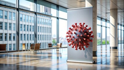 Rollup mockup of the Coronavirus inside a building, virus, pandemic, disease, outbreak, infection, quarantine, health