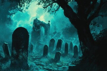 Wall Mural - A Mysterious Stone Archway in a Foggy Forest Cemetery