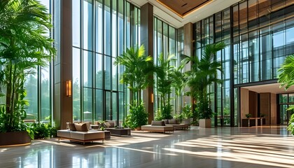 Contemporary lobby showcasing expansive glass windows, luxurious seating, and vibrant greenery illuminated by gentle natural light