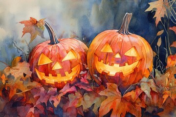 Wall Mural - Two Jack-o'-Lanterns Amongst Autumn Leaves