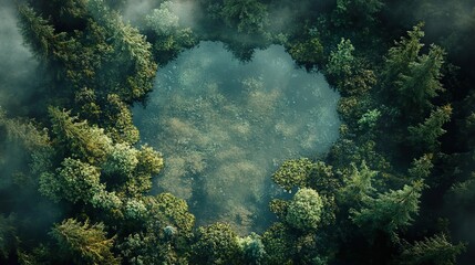 Wall Mural - Aerial View of a Misty Forest with a Hidden Pond