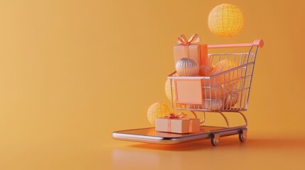 Poster - A shopping cart filled with gifts and ornaments rests on a smartphone against a yellow background.