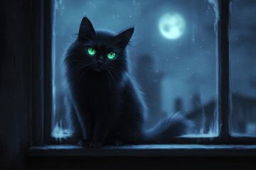 Enchanting black cat with glowing green eyes sits gracefully by a moonlit window under a starry night sky