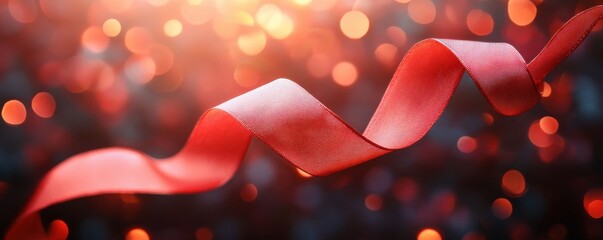 Canvas Print - red ribbon gracefully floating with abstract bokeh light background conveying hope and celebration