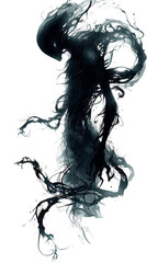 a shadowy figure, rendered in a dark and abstract style, evokes a sense of mystery and haunting pres