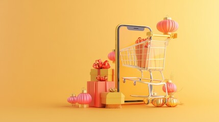 Poster - Smartphone with shopping cart and presents on a yellow background.