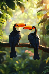 Two toucan tropical bird sitting on a tree branch in natural wildlife environment in rainforest jungle. Generative AI  , Generated with Artificial Intelligance