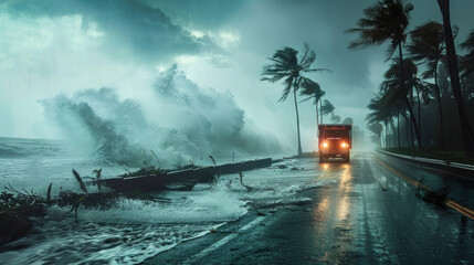 A truck driving along a coastal road during a hurricane, with massive waves crashing against the shore and wind bending the palm trees, showcasing the power of nature