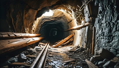 Rustic decay of wooden timbering in an abandoned gold mines underground tunnel