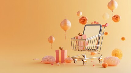 A shopping cart with a tablet and gift boxes in front of an orange background with various orange and yellow decorations.