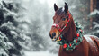 © Bonsales - Majestic horse adorned with Christmas wreath in snowy forest, winter holiday, festive, Christmas spirit, seasonal, equine beauty, winter wildlife, snowy landscape concept
