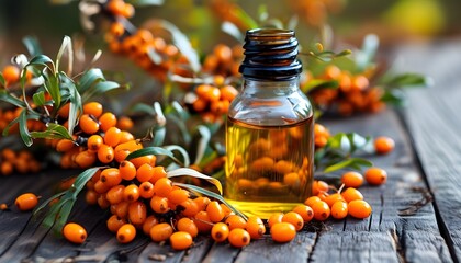 Wall Mural - Sea buckthorn extract bottle surrounded by fresh berries and leaves on rustic wooden surface