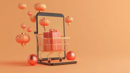 Poster - A smartphone with a shopping cart containing a gift box and red lanterns on an orange background.