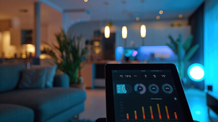 Wall Mural - a smart home interface on a tablet showing energy usage statistics, with efficient lighting controls