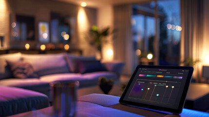 Wall Mural - a smart home interface on a tablet showing energy usage statistics, with efficient lighting controls