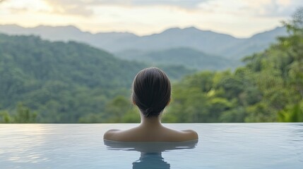 Poster - Serene Woman Relaxing in a Tranquil Pool Surrounded by Lush Greenery, Capturing a Moment of Peace and Refreshment Under the Sun