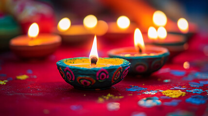 Wall Mural - Colorful clay lamps illuminate a Diwali celebration filled with marigold flowers and petals