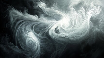 Ethereal white swirls against an enigmatic backdrop of darkness, creating an ethereal scene.