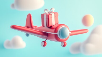 Wall Mural - A red cartoon plane carries a gift box in the sky, symbolizing delivery and special occasions.