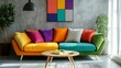 © AminaDesign - This vibrant minimalist living room features a multicolored sofa, sleek concrete walls, and stylish decor, creating an inviting space ideal for contemporary homes with aesthetics and comfort