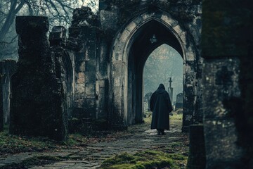 a hooded figure walks through a stone archway into a foggy graveyard