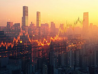 Wall Mural - skyscraper cityscape with giant 3d stock chart overlay golden hour glow