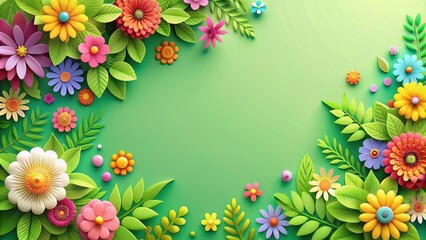 Wall Mural - Paper style spring background with colorful flowers and green leaves, paper, style, spring, background, colorful, flowers, green