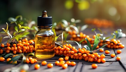 Sea buckthorn extract bottle surrounded by fresh berries and leaves on rustic wooden surface