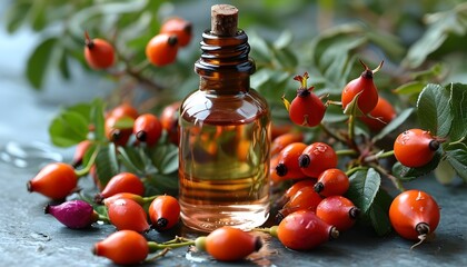 Wall Mural - Rosehip oil surrounded by vibrant rosehip berries and lush green leaves