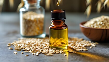 Wall Mural - Oat Extract Bottle with Grains and Drops on a Pristine Surface