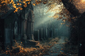 Sticker - A Mystical Pathway Through a Cemetery with Sunbeams Breaking Through the Trees