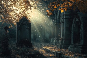 Poster - Sunbeams Illuminate a Graveyard with Stone Tombs and Fallen Leaves