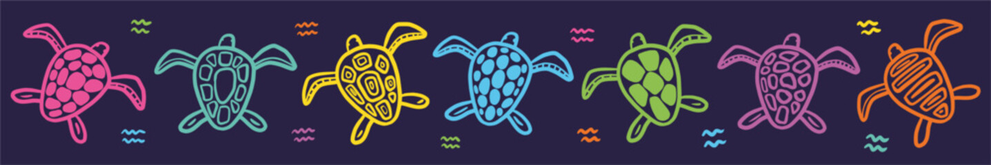 Vector horizontal pattern with sea turtles, hand-drawn in doodle style