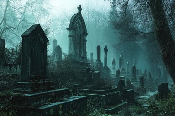 Sticker - A Foggy and Eerie Graveyard with Stone Tombs and Crosses