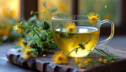 Soothing herbal tea setting with milk thistle extract and fresh flowers in a tranquil ambiance