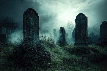 Poster - A spooky graveyard shrouded in mist on a gloomy night