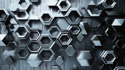 Sticker - Abstract metallic background with hexagon shapes in gray and black.