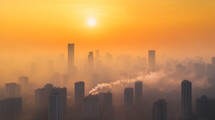 Poster - A smog-filled city skyline with thick air pollution and haze, showing the consequences of global warming and industrial emissions.