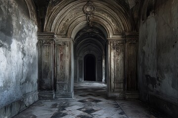 Canvas Print - A Dark and Decaying Hallway with Ornate Archways