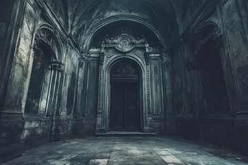 Poster - Dark, Ornate Doorway in a Decaying Stone Building