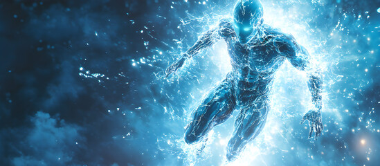 Wall Mural - a man in a blue suit is leaping through the air