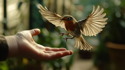 Hand Releasing Bird with Wings Flapping Mid-Air