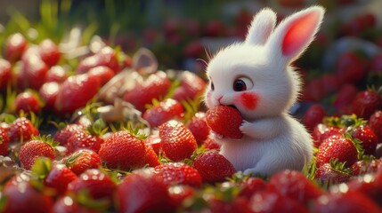 A cute white rabbit sits amongst a field of bright red strawberries, enjoying a juicy snack.