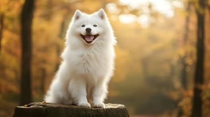 a fluffy samoyed dog sitting on a , exhibiting its playful nature with a bright smile