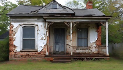 Wall Mural - Weathered 19th Century Brick Facade with Peeling Plaster and Rustic Iron Flooring