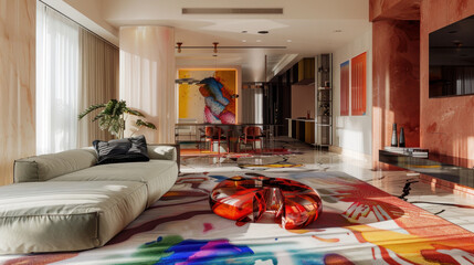 A luxury apartment where the floors are made of liquid crystal, shifting colors and patterns with every step, creating a dynamic and ever-changing living space